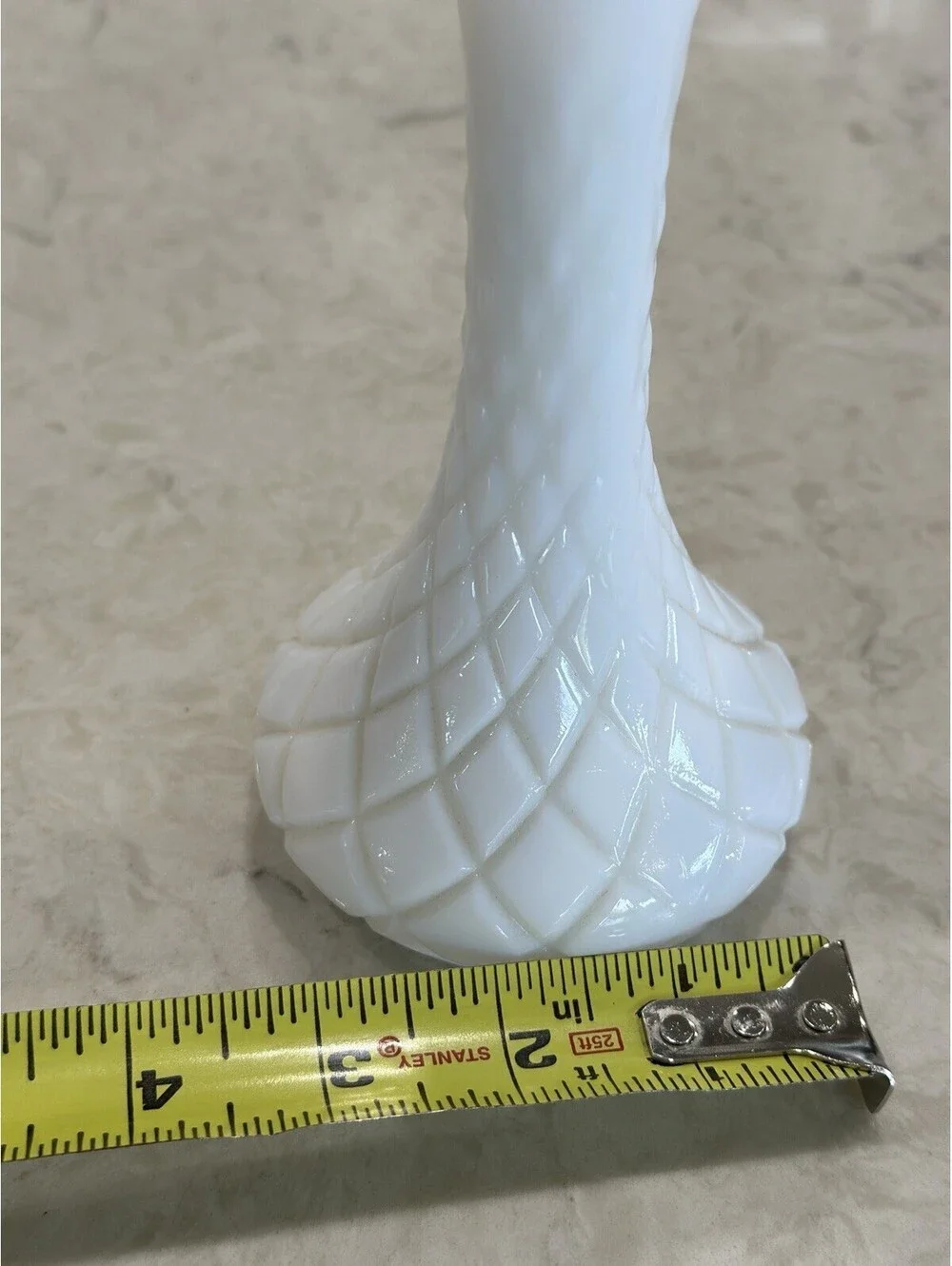 Vintage  Hoosier Glass white milk glass bud vase Quilted Diamond Pattern 6 Inch